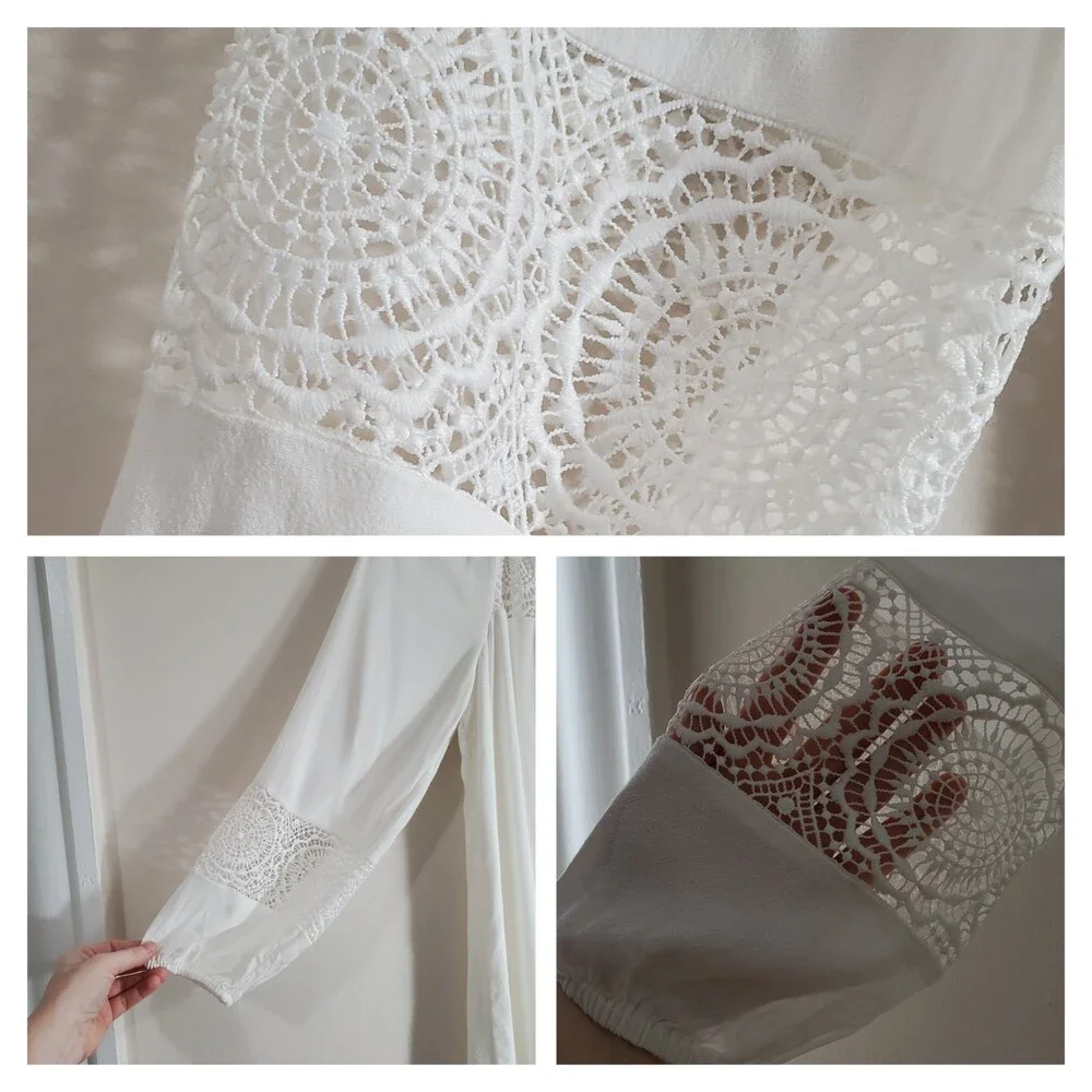 S Joie Square Neck White Peasant Dress Crochet Lace Trim Long Sleeve Mini Short